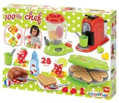 ECOIFFIER Waffeleisen 100% Chef Écoiffier Mit Mixer, Kaffeemaschine Und Waffeln Mit 28 Zubehörteilen Grün -Ecoiffier 2624 h ecoiffier detsky vaflovac